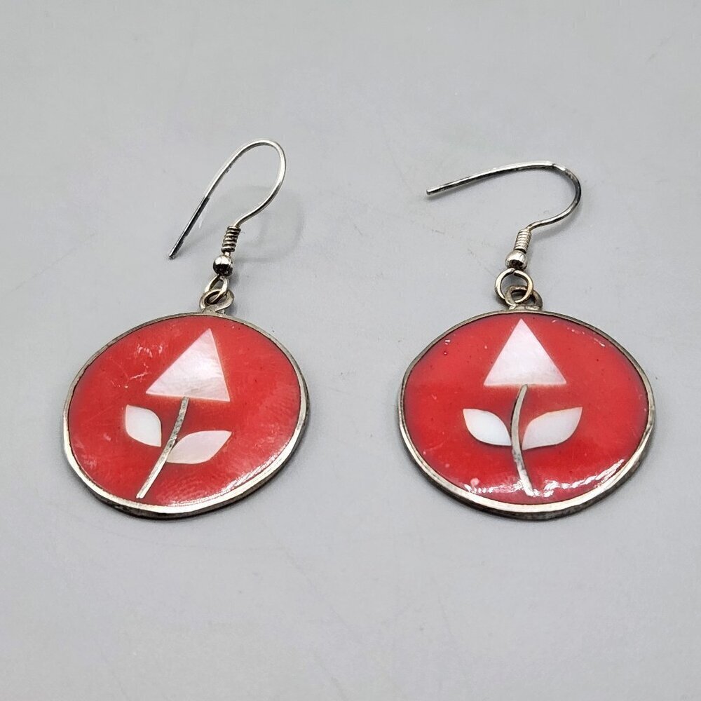 3/$30! Alpaca Silver Hook Earrings Triangle Flower Red Inlay Circle